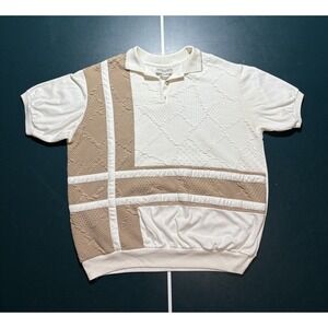 Vintage Retro Polo Shirt Adult XL White Tan Banded 90s Short Sleeve Old Money